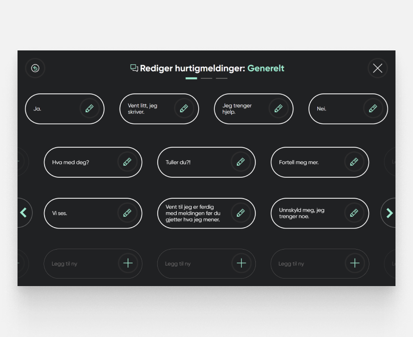 Tobii Dynavox TD Talk-skjermbilde som viser hurtigmeldinger