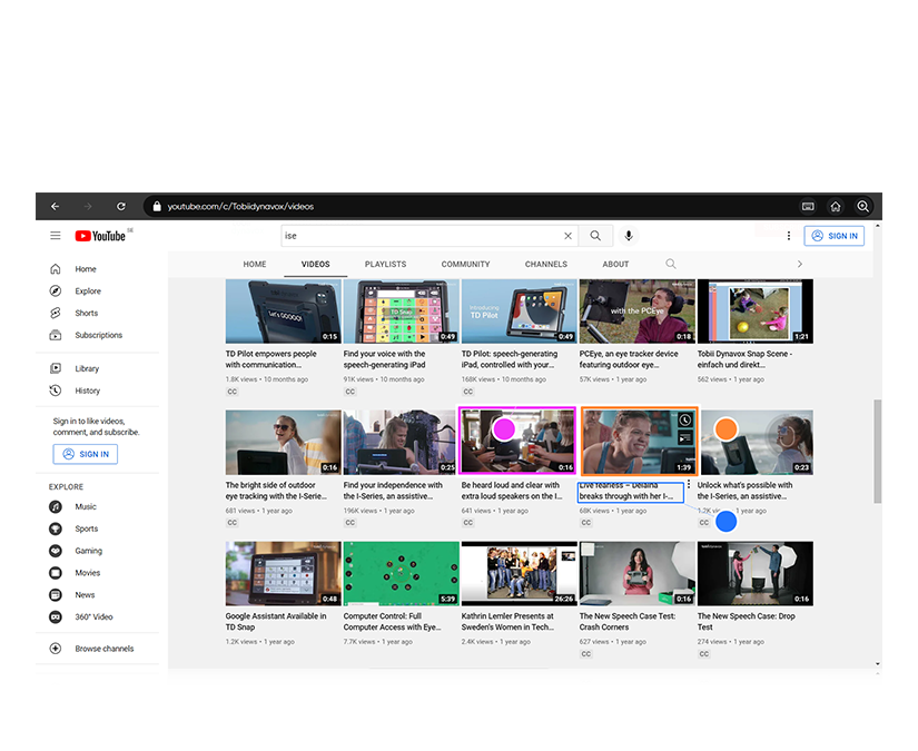 TD Browse fra Tobii Dynavox med klikkefunksjonen hjulpet av fargeprikker
