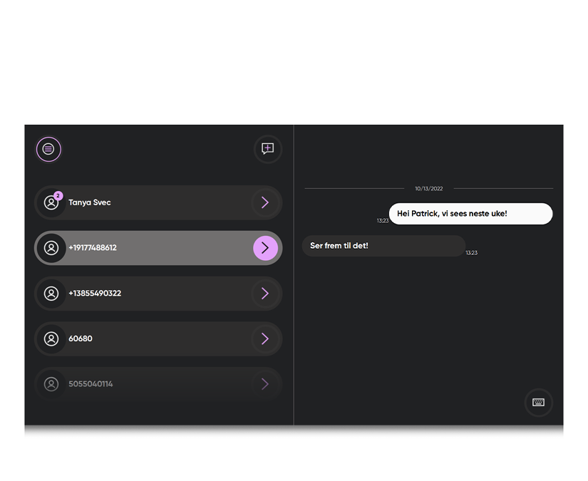 Skjermbilde av TD Phone som viser tekstmeldinger