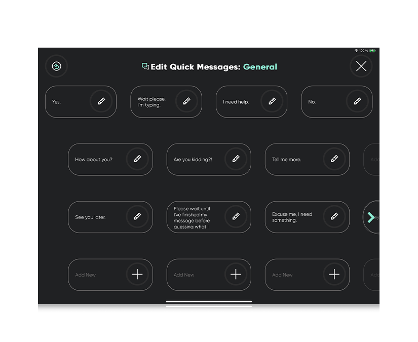 Tobii Dynavox TD Talk-skjermbilde som viser hurtigmeldinger 