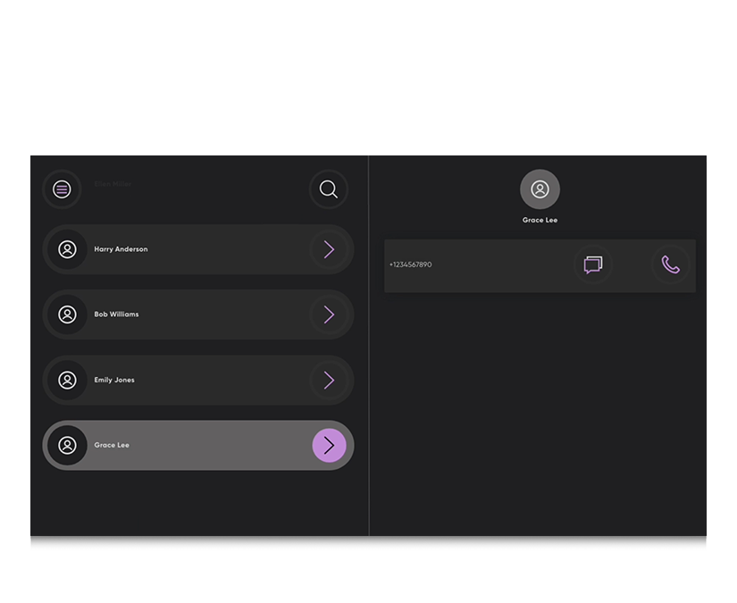 Skjermbilde av TD-telefon som viser en rullbar, søkbar liste over kontakter