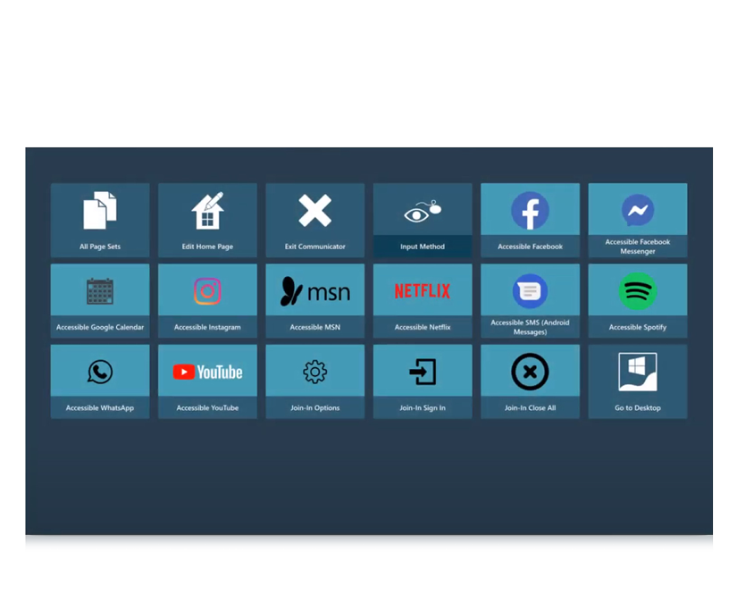 Skjermbilde av startsiden for Tobii Dynavox Communicator 5 Accessible Apps